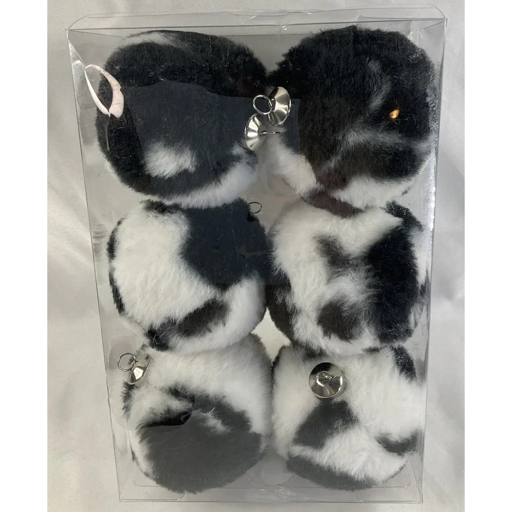 Cow Print Black And White Set Of 6 Fur Christmas Ball Ornaments